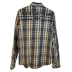 Affliction Pearl Snap Black Premium Men‎ MD Plaid Long Sleeve Button Up Double